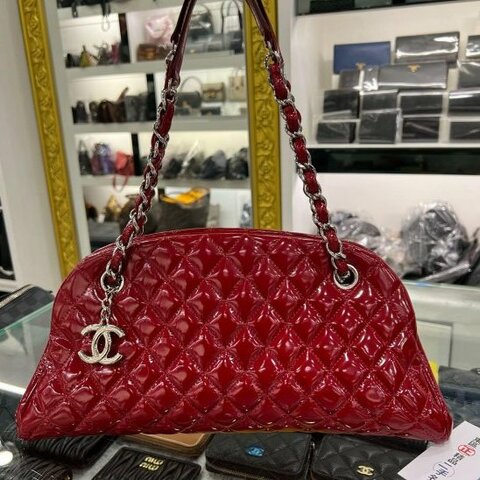 東區正精品㊣Chanel 香奈兒紅色漆皮銀鍊三層貝殼包肩背包 RA1815