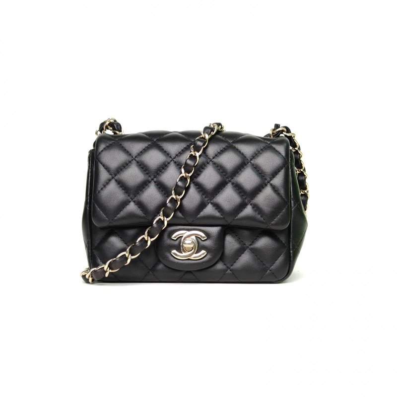 CHANEL CF口蓋包方胖子17黑色羊皮晶片開金扣肩背包-0