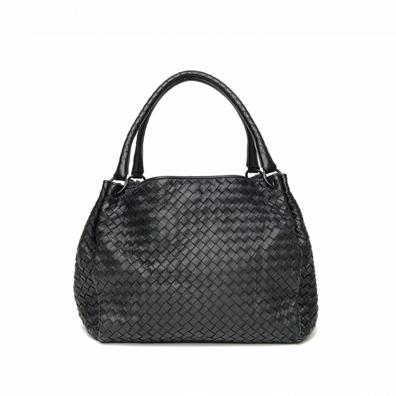 BOTTEGA VENETA 黑色羊皮鎢鋼扣編織手提單肩包肩背包-0