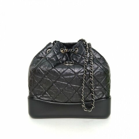 CHANEL GABRIELLE流浪雙肩包小號22.5黑色牛皮晶片開金銀扣菱格紋肩背包