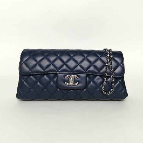 CHANEL 藍色羊皮20開銀扣CF季節款Eastwest長款法棍口蓋包肩背包