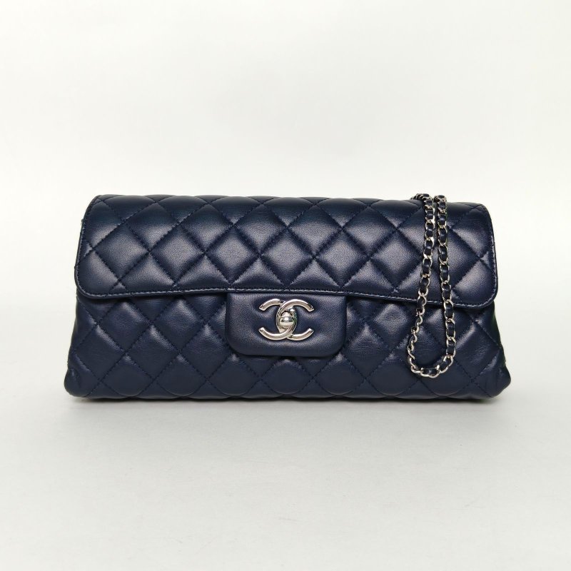 CHANEL 藍色羊皮20開銀扣CF季節款Eastwest長款法棍口蓋包肩背包-0