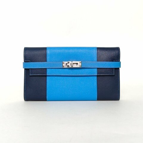 HERMES Kelly長款錢包2T天堂藍拼73寶石藍Epsom皮T刻銀扣肩背包
