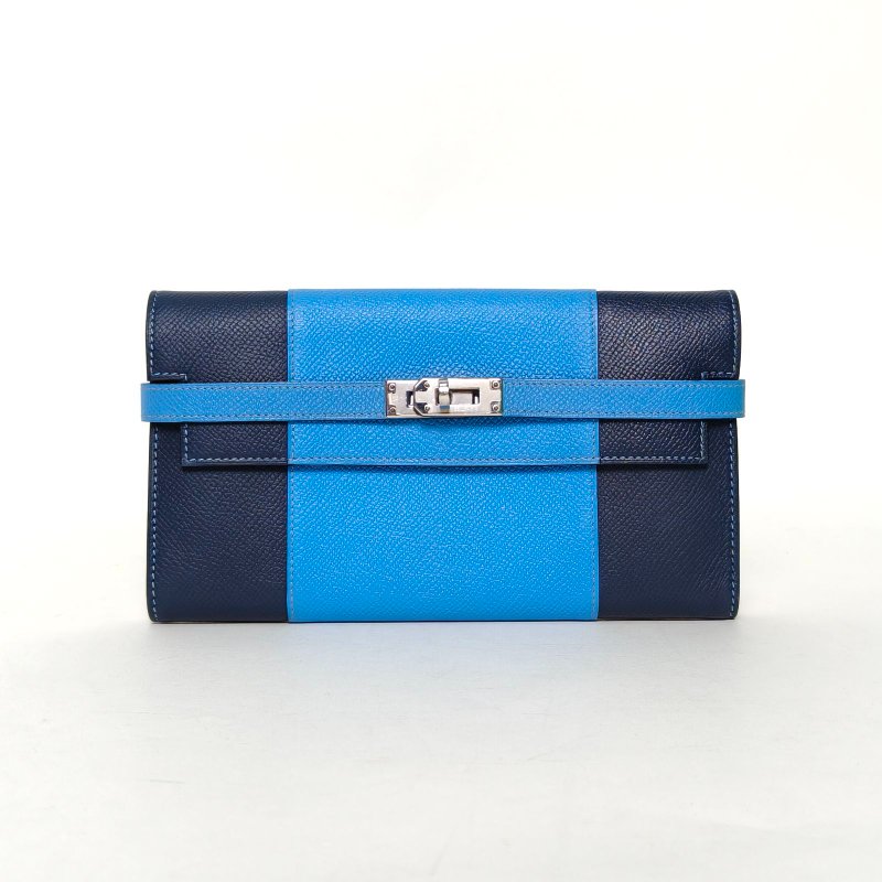 HERMES Kelly長款錢包2T天堂藍拼73寶石藍Epsom皮T刻銀扣肩背包-0