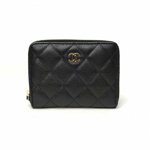 CHANEL 黑色荔枝牛皮鐳射標金扣拉鏈卡包肩背包