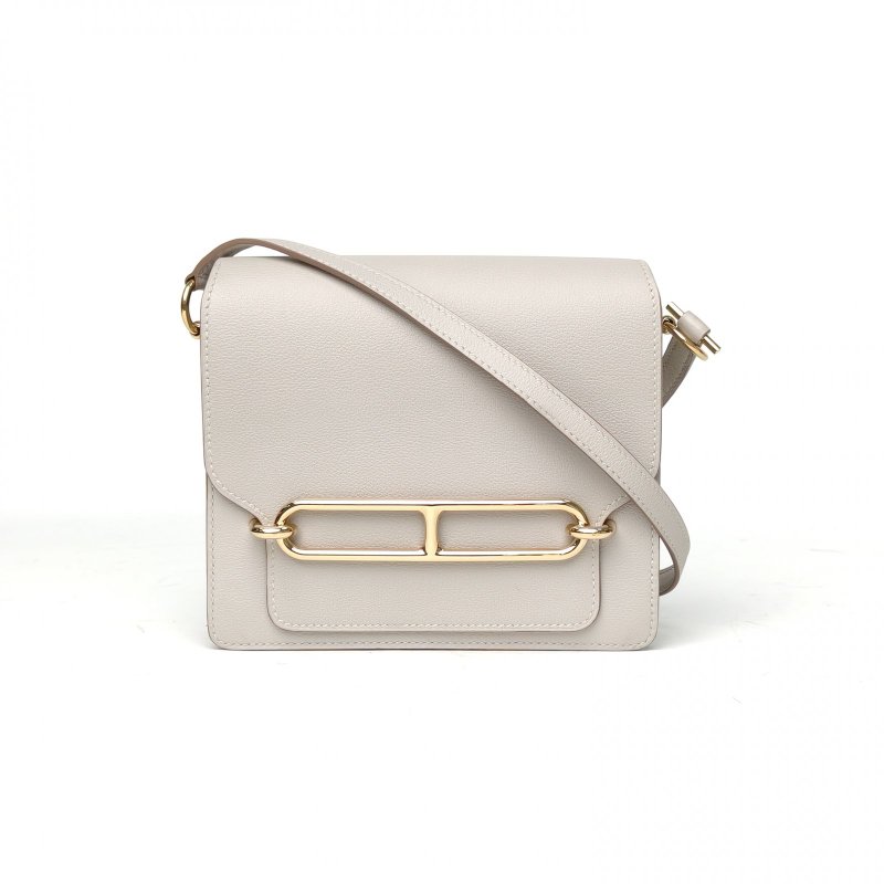 HERMES Roulis豬鼻子1980珍珠灰EC皮D刻金扣肩背包-0