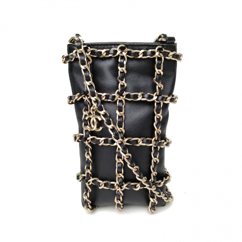 CHANEL Cruise皮穿鏈網格手機包豎版10.5黑色羊皮28開金扣肩背包-0