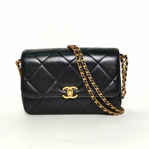 CHANEL 24SCF口蓋包20.5黑色羊皮晶片開金扣雙皮穿鏈拼鏈條肩背包