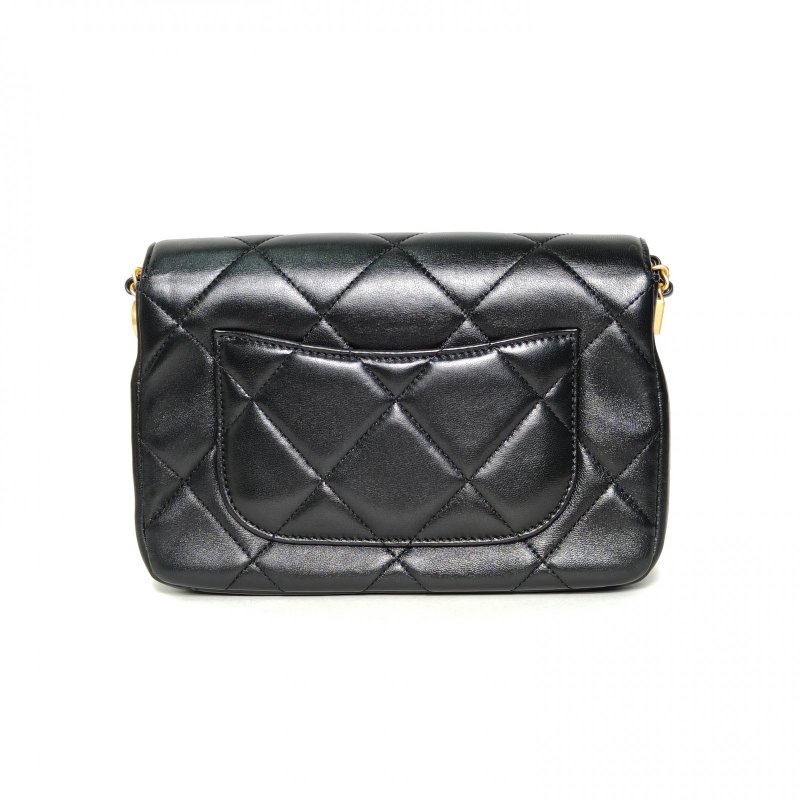 CHANEL 24SCF口蓋包20.5黑色羊皮晶片開金扣雙皮穿鏈拼鏈條肩背包-2
