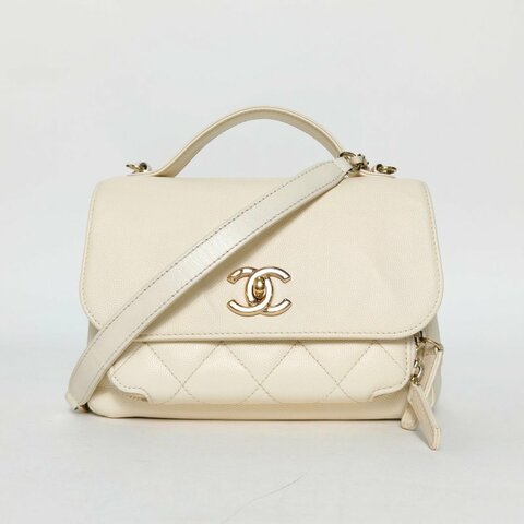CHANEL BusinessAffinity口蓋郵差包配手柄小號19白色荔枝牛皮23開金扣菱格紋肩背包