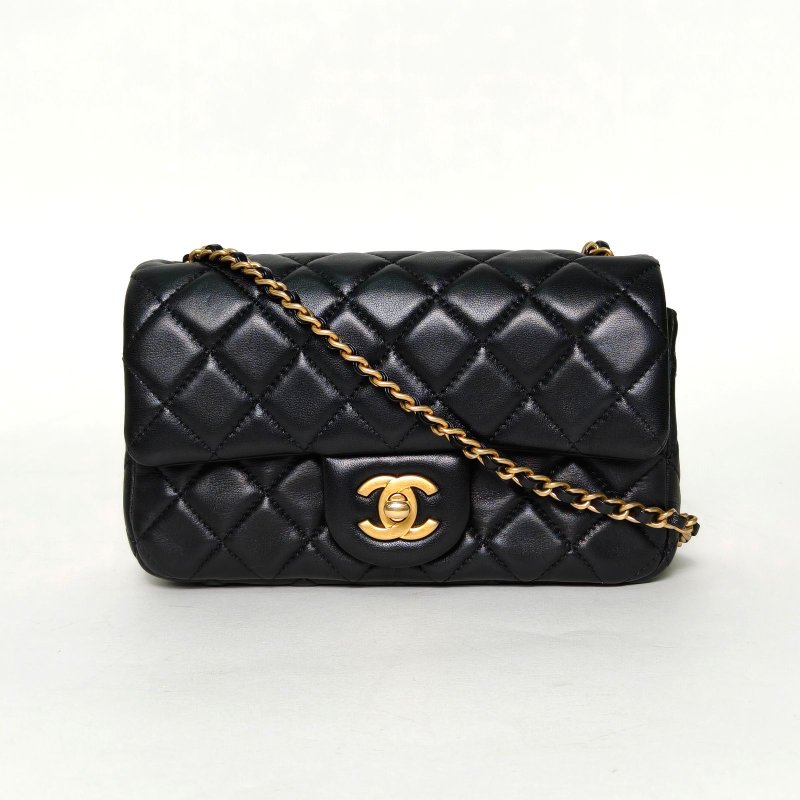 CHANEL CF口蓋包大Mini20黑色羊皮30開金扣金球調節扣肩帶肩背包-0