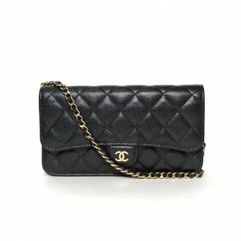 CHANEL 黑色荔枝牛皮鐳射標淺金扣24ACFMiniwoc手機包肩背包