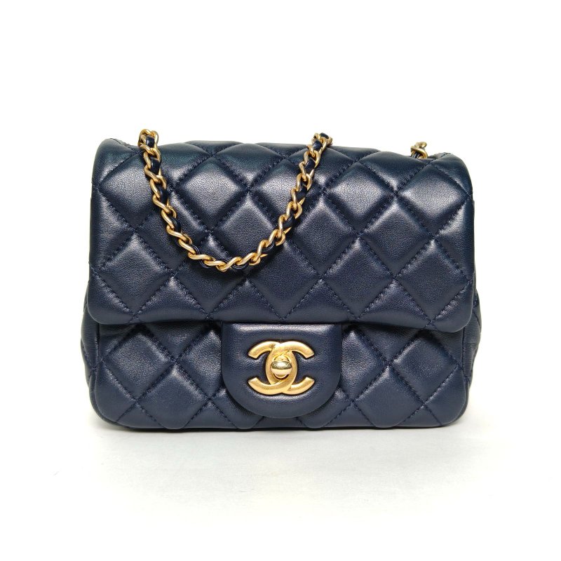 CHANEL CF口蓋包方胖子17墨藍色羊皮29開金扣金球調節扣肩帶肩背包-0