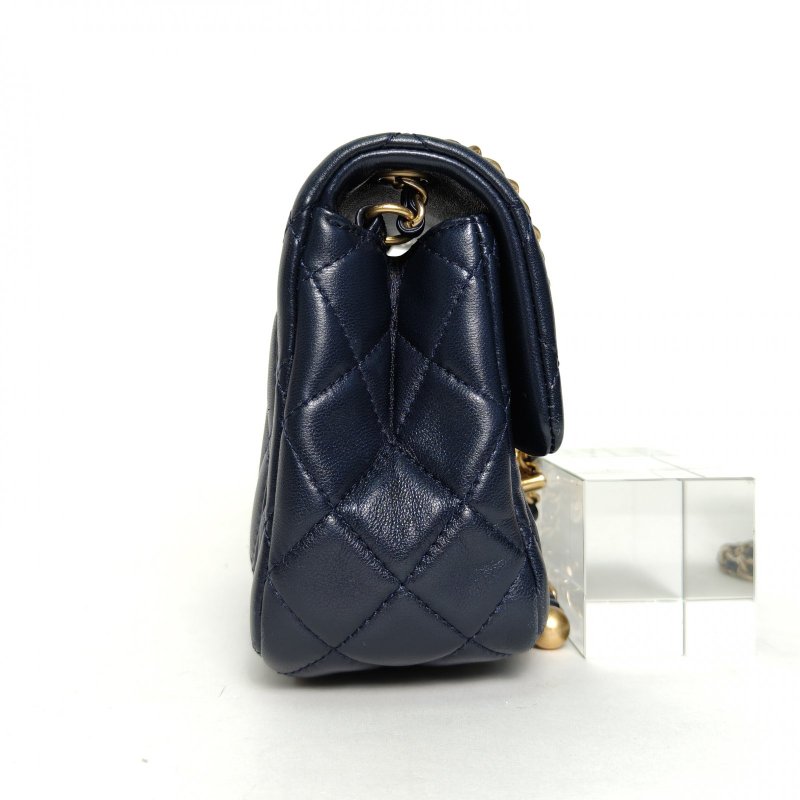 CHANEL CF口蓋包方胖子17墨藍色羊皮29開金扣金球調節扣肩帶肩背包-1