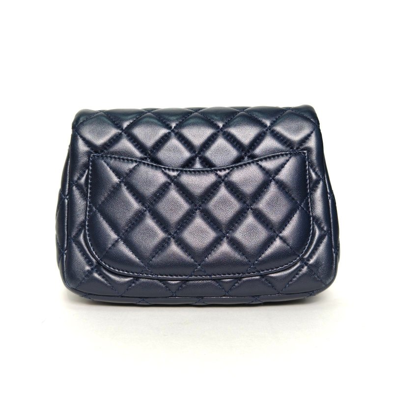 CHANEL CF口蓋包方胖子17墨藍色羊皮29開金扣金球調節扣肩帶肩背包-2