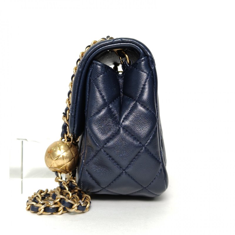 CHANEL CF口蓋包方胖子17墨藍色羊皮29開金扣金球調節扣肩帶肩背包-3