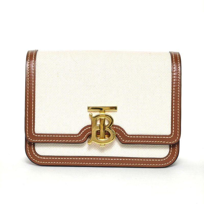 Burberry TBLogo標識斜挎包小號金棕色牛皮/帆布肩背包-0