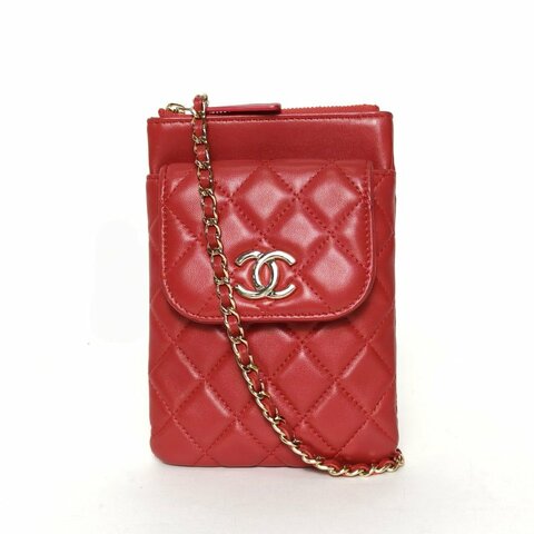 CHANEL 紅色羊皮29開金扣手機包帶子母零錢包肩背包