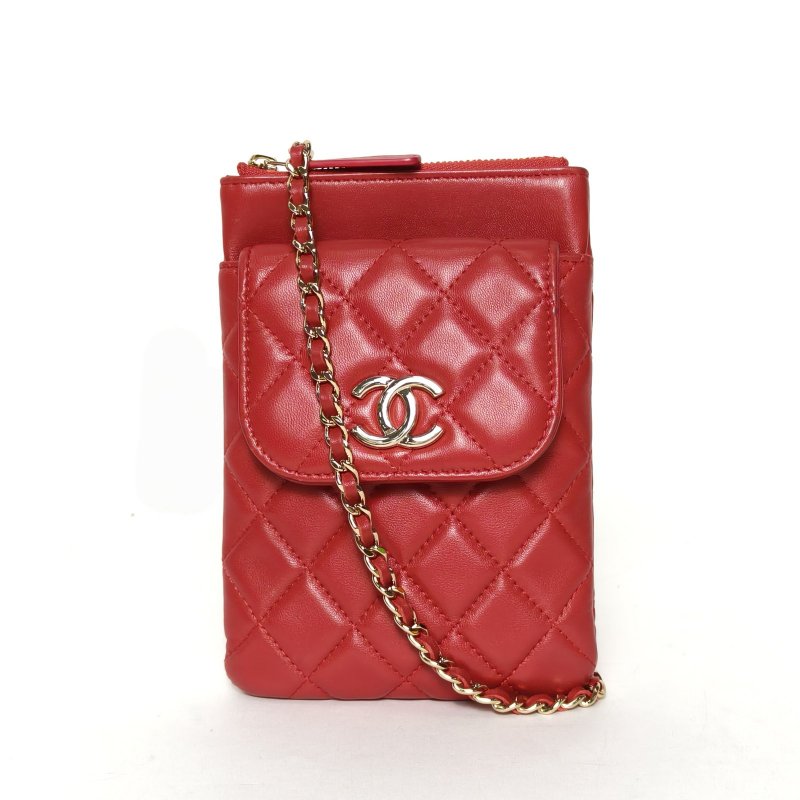 CHANEL 紅色羊皮29開金扣手機包帶子母零錢包肩背包-0
