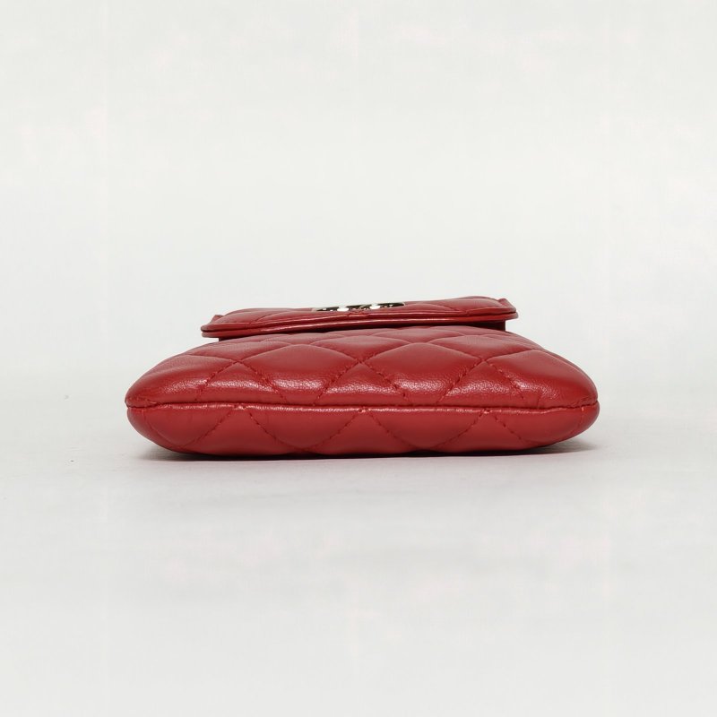 CHANEL 紅色羊皮29開金扣手機包帶子母零錢包肩背包-4