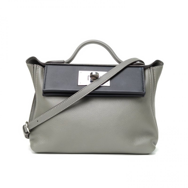 HERMES 2424mini2189黑色拼0L積雨雲灰EC皮/Swift皮B刻銀扣肩背包-0