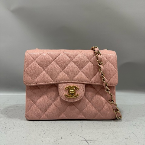 Chanel A01115 粉荔枝皮金釦方胖斜背包 vintage