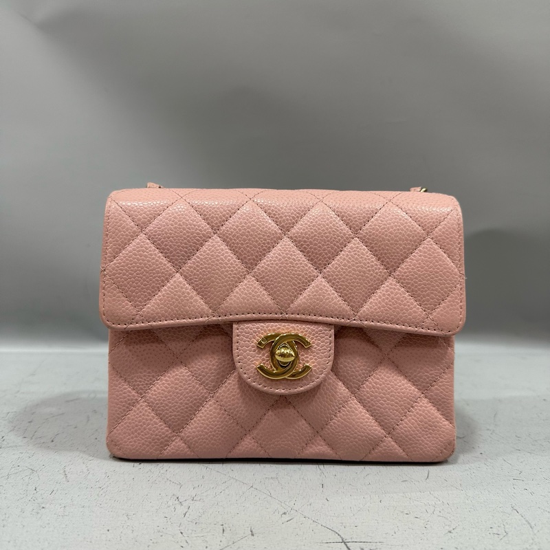 Chanel A01115 粉荔枝皮金釦方胖斜背包 vintage-1