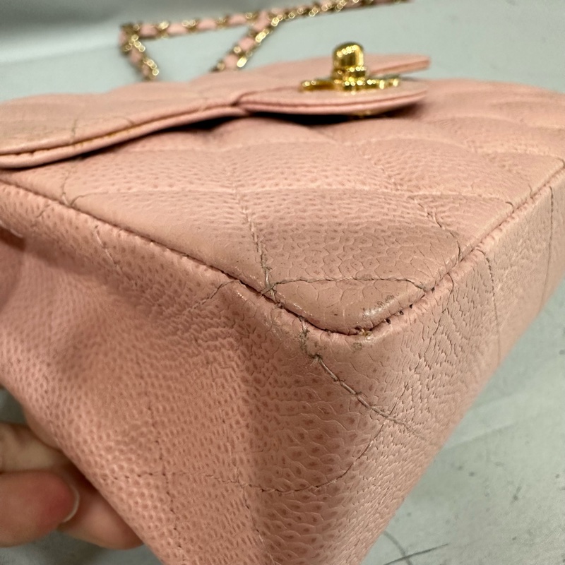 Chanel A01115 粉荔枝皮金釦方胖斜背包 vintage-6