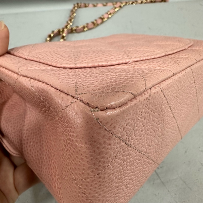 Chanel A01115 粉荔枝皮金釦方胖斜背包 vintage-9