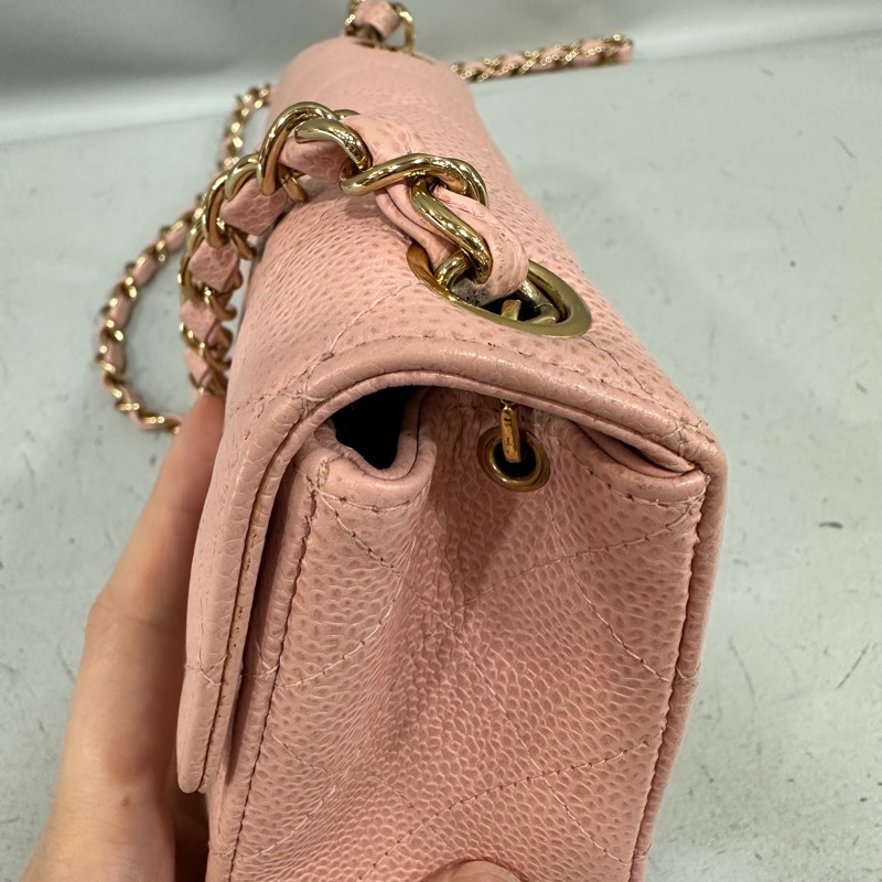 Chanel A01115 粉荔枝皮金釦方胖斜背包 vintage-11