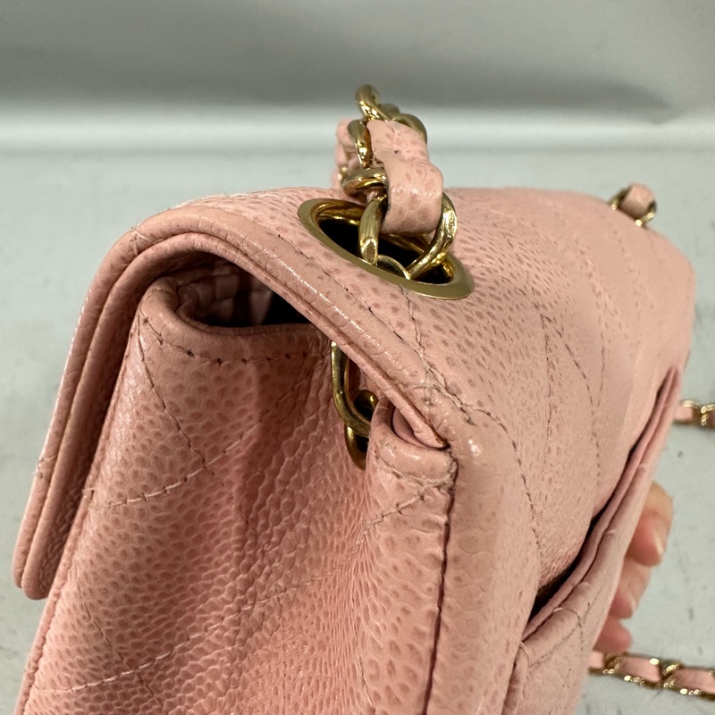 Chanel A01115 粉荔枝皮金釦方胖斜背包 vintage-20