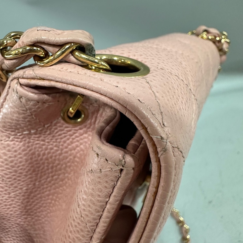 Chanel A01115 粉荔枝皮金釦方胖斜背包 vintage-22