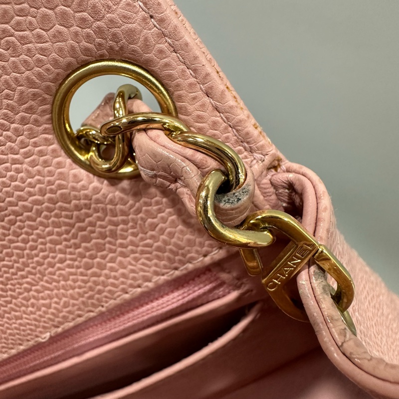 Chanel A01115 粉荔枝皮金釦方胖斜背包 vintage-30