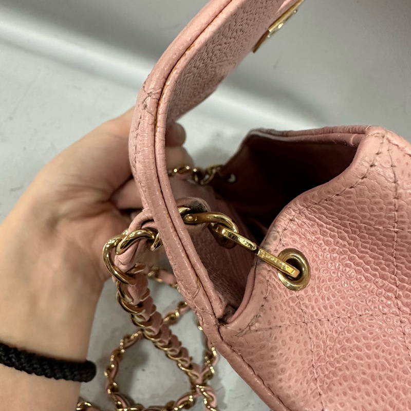 Chanel A01115 粉荔枝皮金釦方胖斜背包 vintage-32
