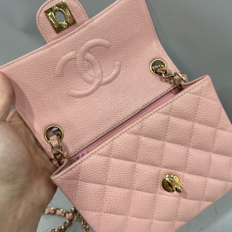 Chanel A01115 粉荔枝皮金釦方胖斜背包 vintage-35