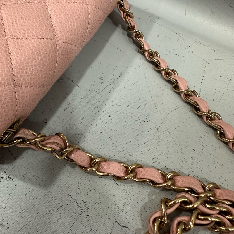Chanel A01115 粉荔枝皮金釦方胖斜背包 vintage-51