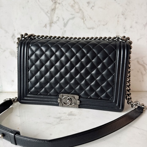 Chanel✨boy 28 黑色荔枝 做舊銀釦 鏈條包 28開