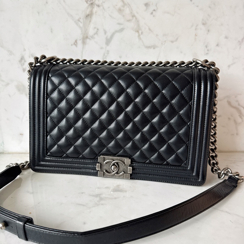 Chanel✨boy 28 黑色荔枝 做舊銀釦 鏈條包 28開-0