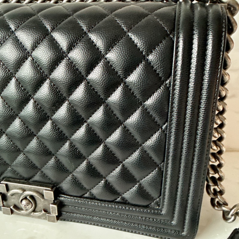 Chanel✨boy 28 黑色荔枝 做舊銀釦 鏈條包 28開-8