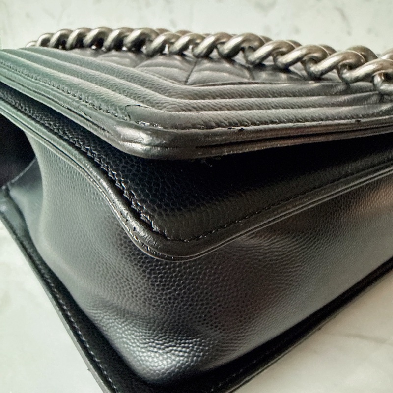 Chanel✨boy 28 黑色荔枝 做舊銀釦 鏈條包 28開-13