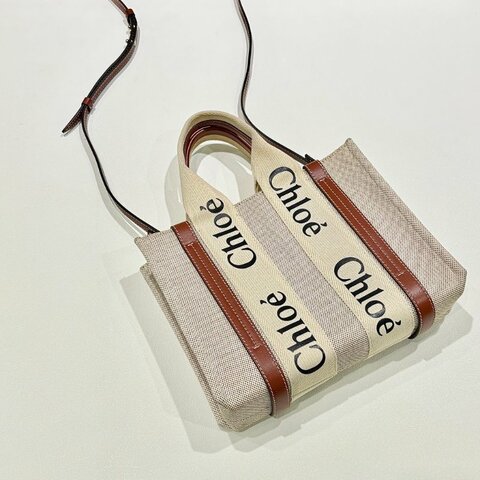 CHLOE - 米色拚棕色帆布Woody手提斜背包 / 小號