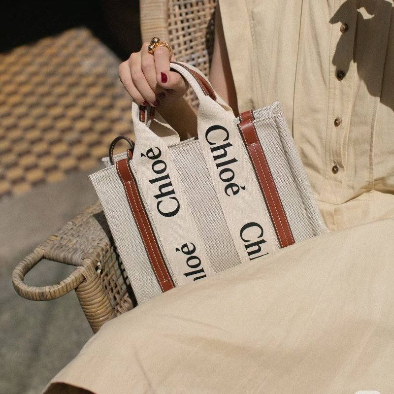 CHLOE - 米色拚棕色帆布Woody手提斜背包 / 小號-4