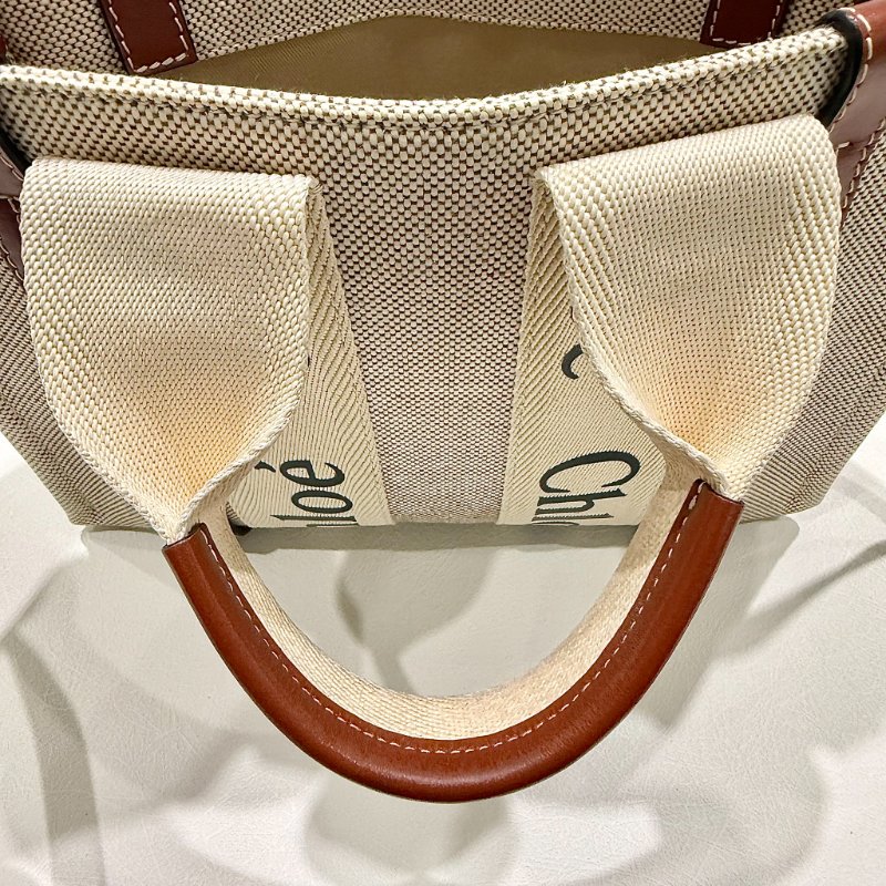 CHLOE - 米色拚棕色帆布Woody手提斜背包 / 小號-16