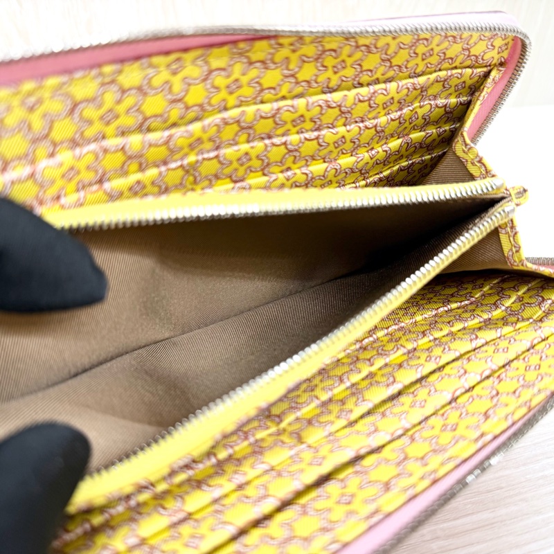 Hermes粉紫色拚黃色小花內裡絲巾長夾-10