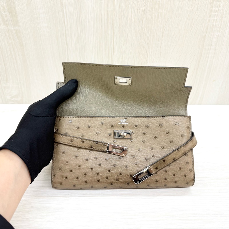 HERMES卡其色鴕鳥皮Kelly長夾-5