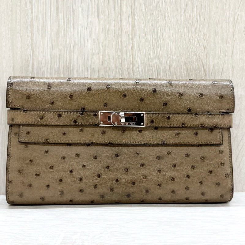 HERMES卡其色鴕鳥皮Kelly長夾-9
