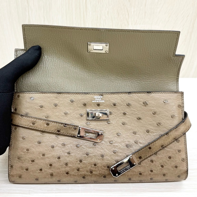 HERMES卡其色鴕鳥皮Kelly長夾-10