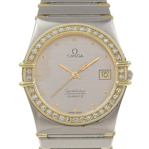 歐米茄星座系列男士腕錶，不鏽鋼錶殼鑲鑽，石英機芯，指針式顯示，銀色錶盤