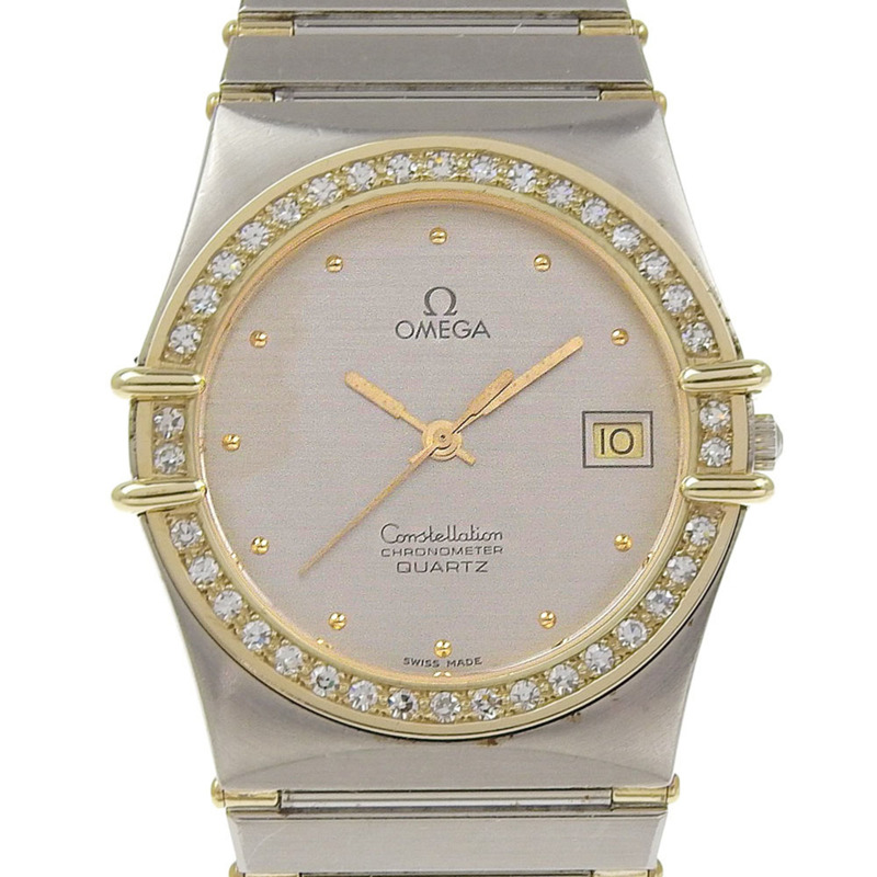 歐米茄星座系列男士腕錶，不鏽鋼錶殼鑲鑽，石英機芯，指針式顯示，銀色錶盤-0