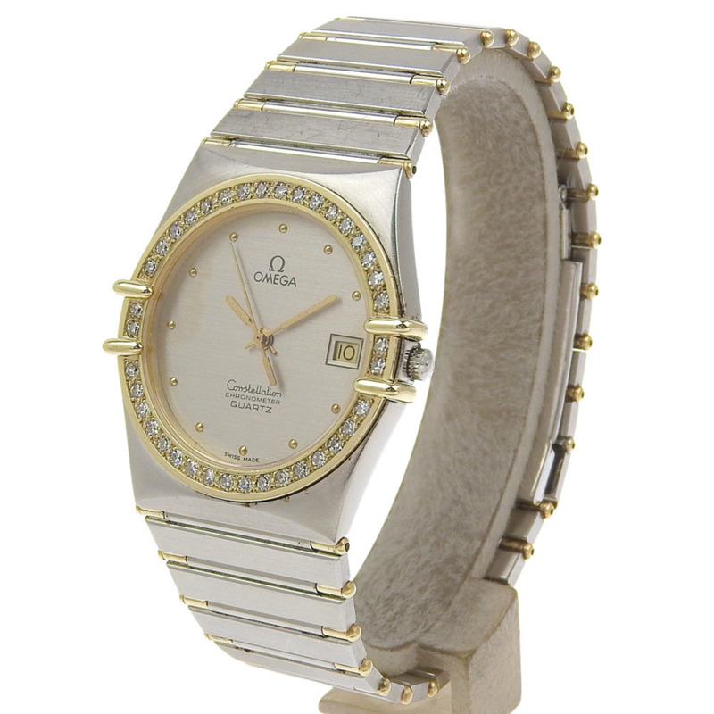 歐米茄星座系列男士腕錶，不鏽鋼錶殼鑲鑽，石英機芯，指針式顯示，銀色錶盤-1